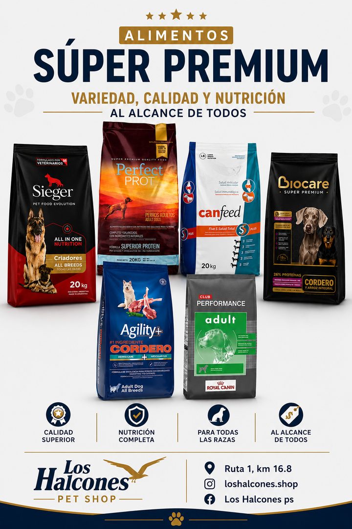 Alimentos súper premium: Sieger, Perfect Prot, Canfeed, Biocare, Agility+, Royal Canin